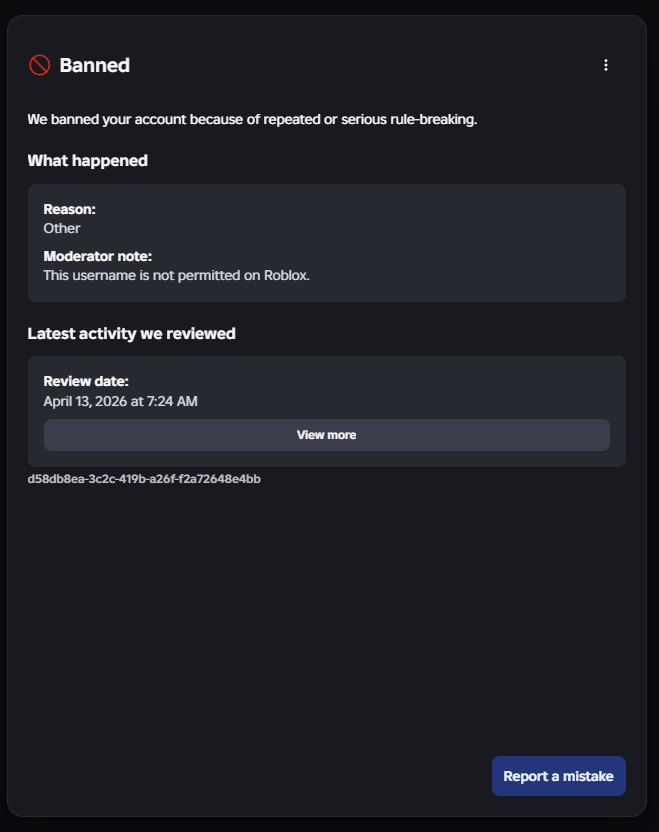 Falsely banned for “Username Not Permitted on Roblox” - Platform Usage ...
