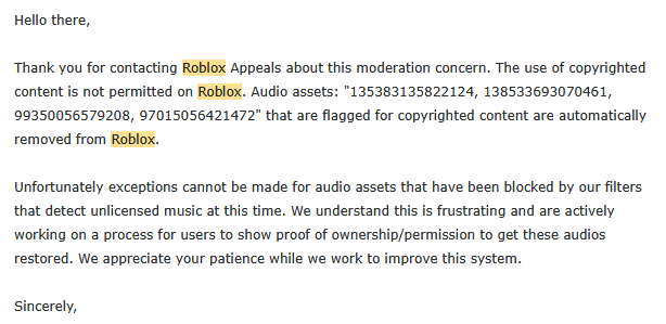 False copyright removal of audios on Roblox - Other Bugs