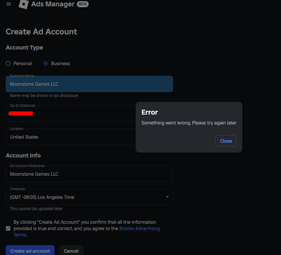 Unable To Create Business Account For Ad Manager Roblox Application 