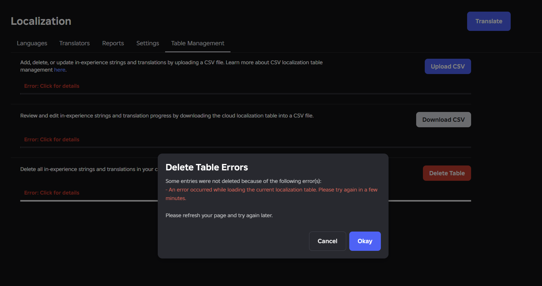 Automatic Translations - Unable to clear invalid .csv - Creator Hub ...
