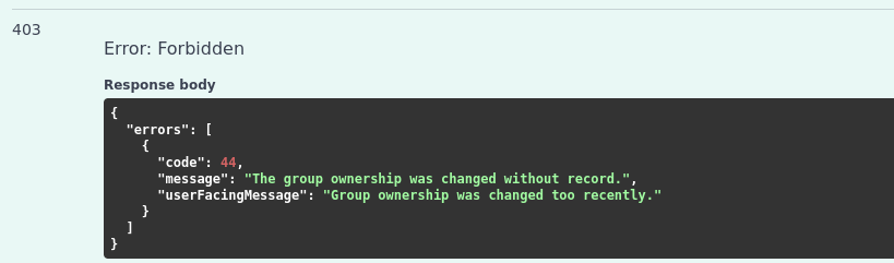 Unable to change group name due to "Group ownership was changed too ...