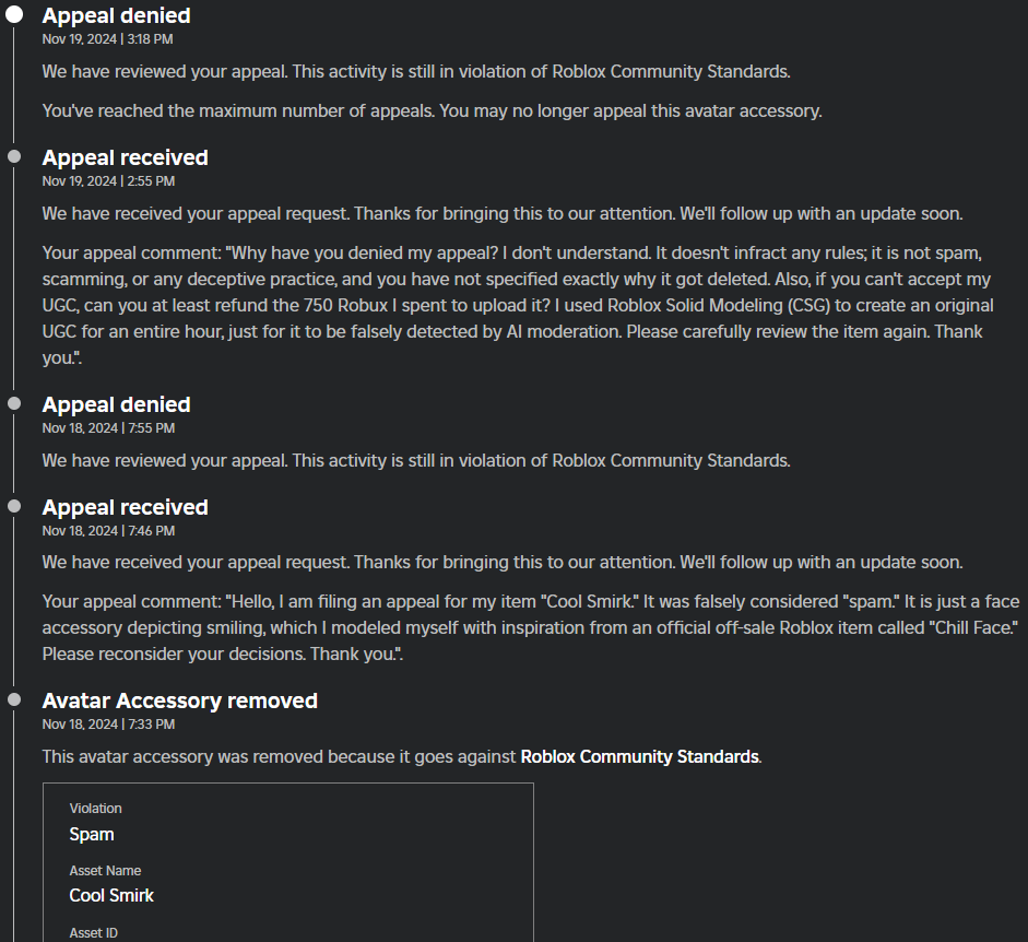 Unjust Moderation for my "Cool Smirk" UGC Item - Platform Usage Support ...