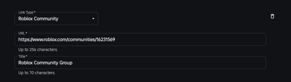 The social links page doesn't allow for Roblox groups to be added