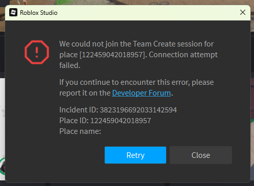 Could not join the Team Create session for place error - Studio Bugs ...