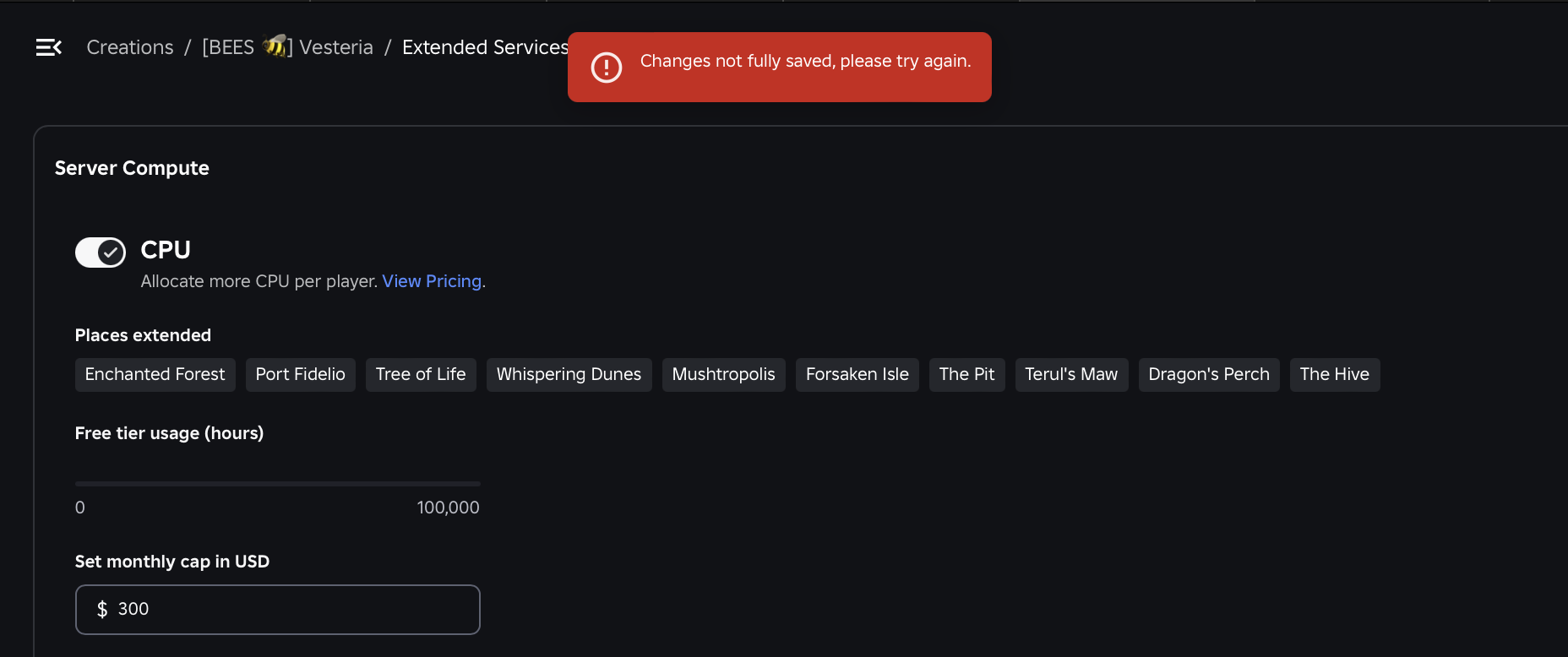 Extended Services CPU Cannot Be Saved For Only Selected Places In An 