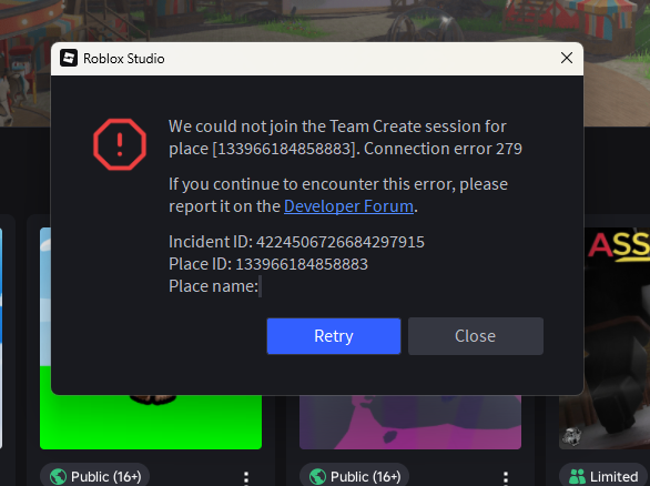 Roblox Studio "We could not join the Team Create session for place ...