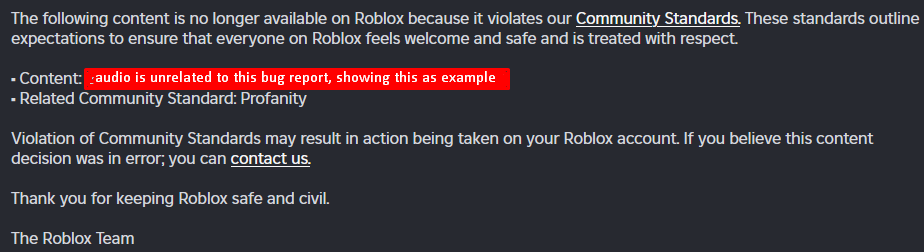 False copyright removal of audios on Roblox - Other Bugs