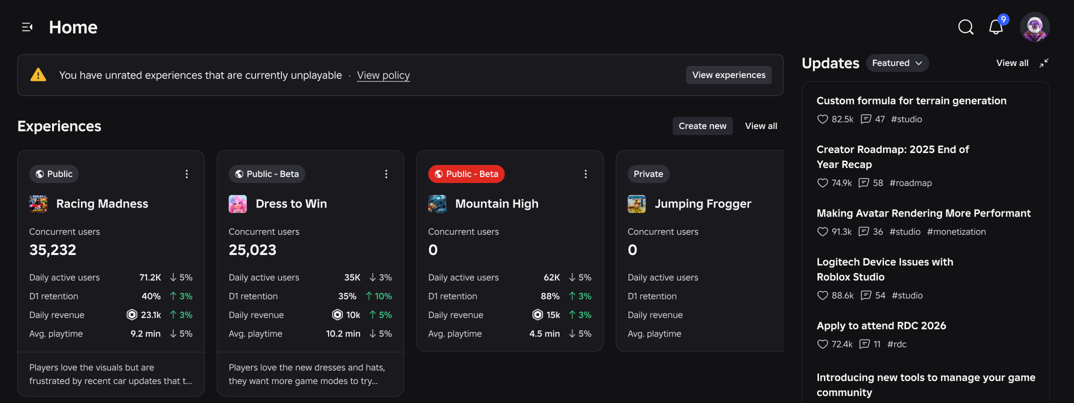 Creator Hub: New Search, Updates Page, and Experience Tiles on