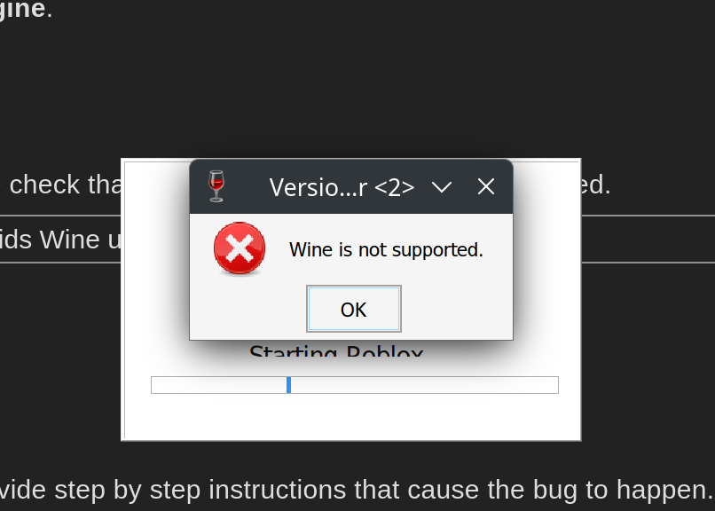 The new Roblox 64-bit Byfron client forbids Wine users from using