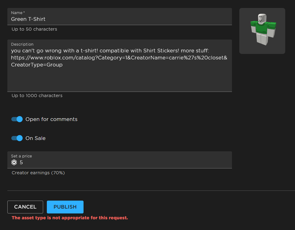 Creator Dashboard Avatar Item Configuration Displays "The asset type is ...