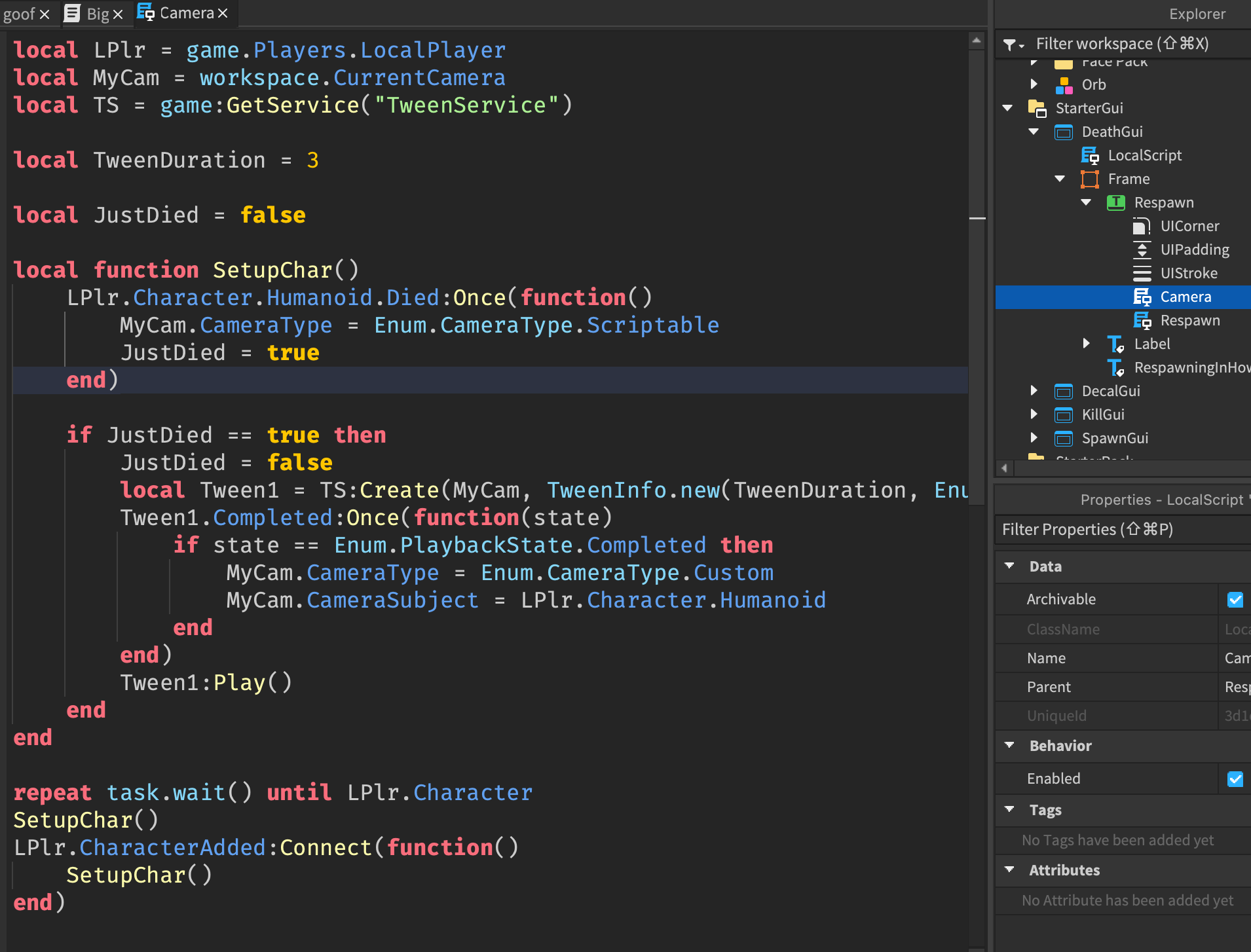 How to make camera move smoothly on respawn - Scripting Support ...