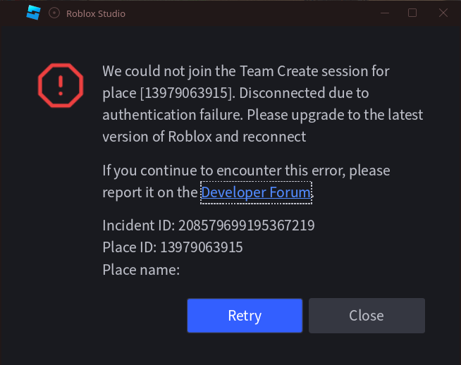Roblox Studio "We could not join the Team Create session for place ...